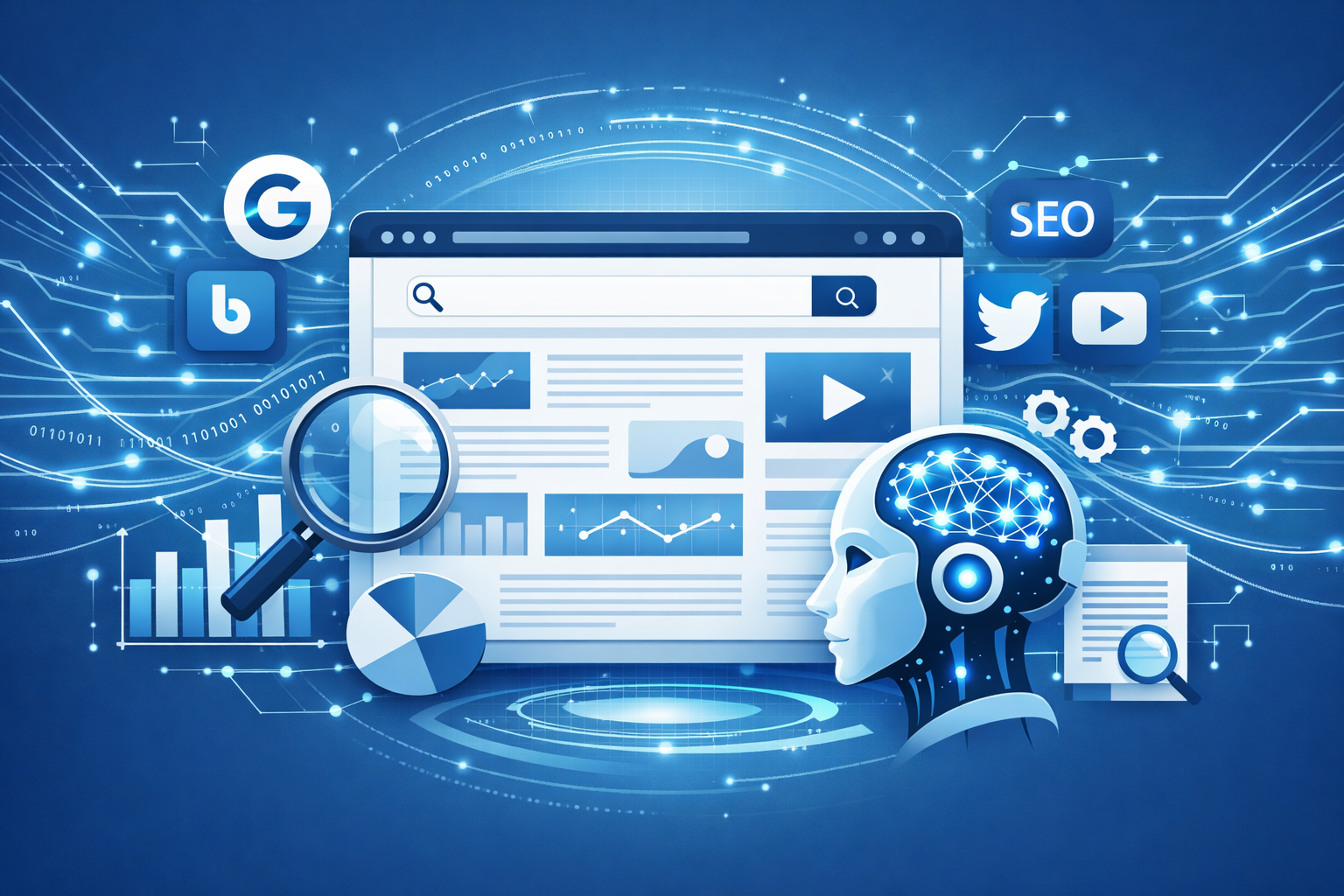 AI-powered SEO optimization illustration featuring a robot, search engine interface, and analytics data on a blue tech background